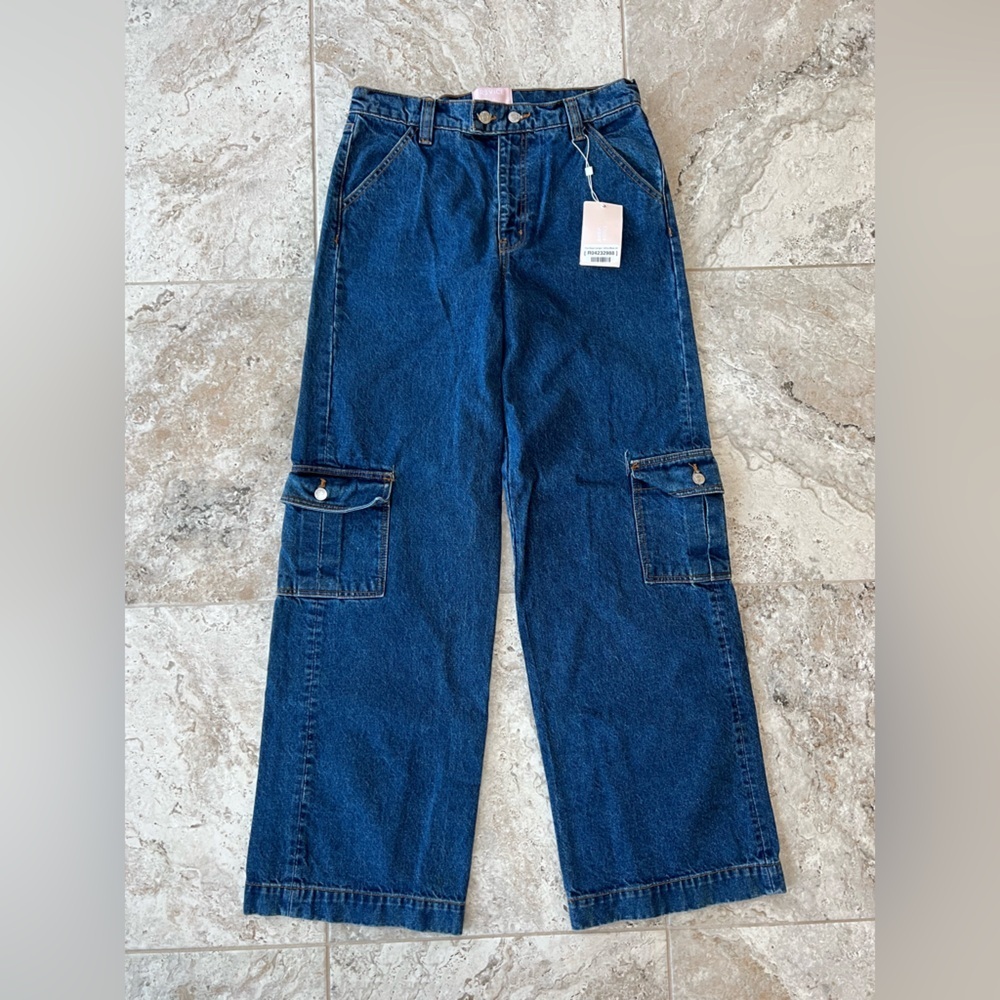 Revice Denim NWT The Baja Cargo Wide Leg High Rise Denim Jeans Medium Blue, 30